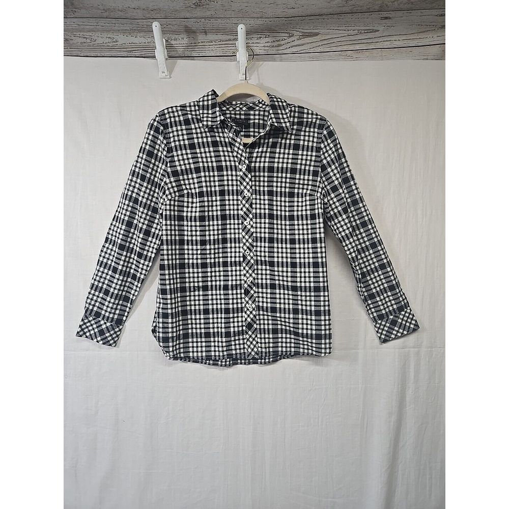 Talbots Women's S Petite Long Sleeve Button Up White/Black‎ Plaid Metallic Plaid